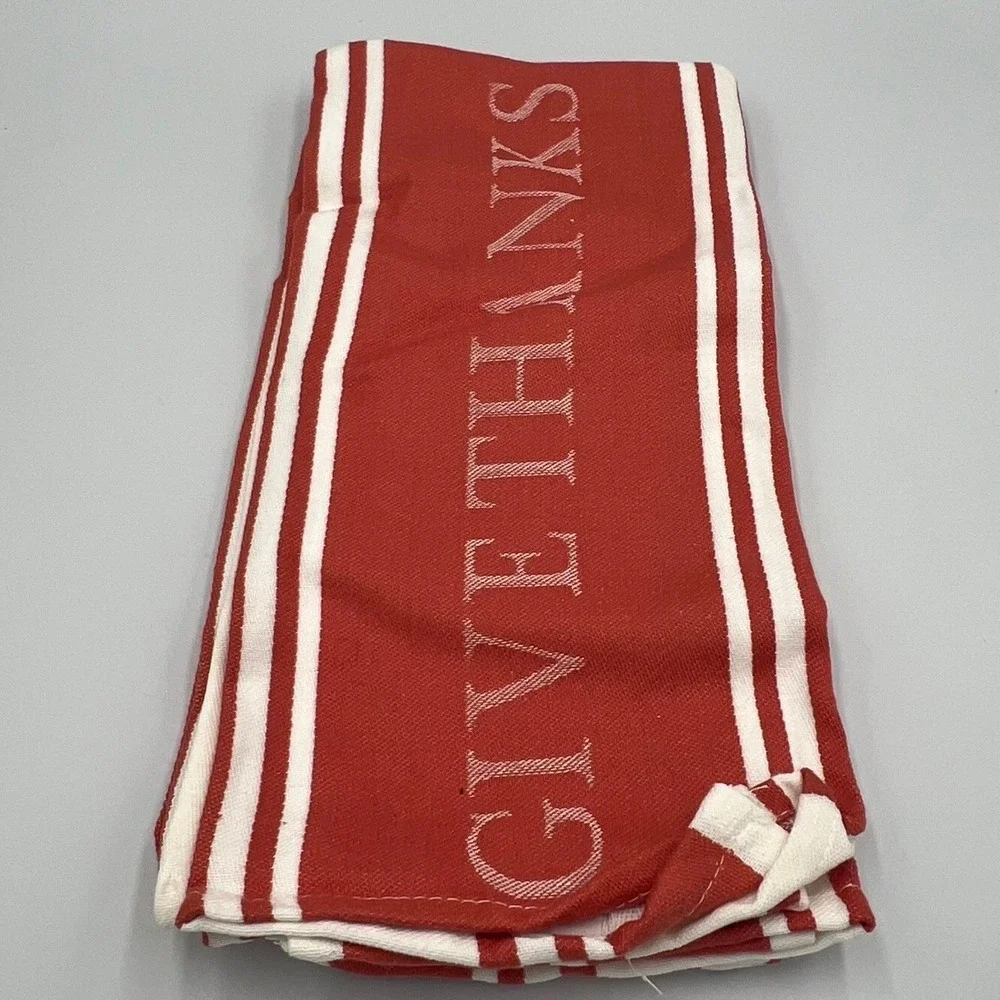 Le Marche Tea Towel Unisex OS Red Brand New Give Thanks Striped Cotton Fall